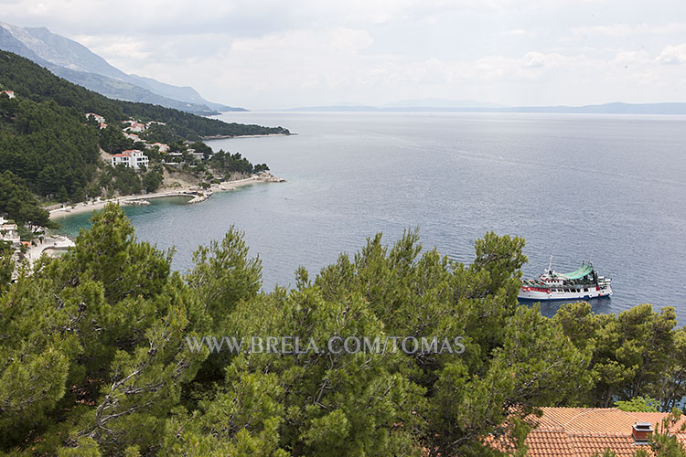 panorama from balcony: Brela coast, islands Bra and Hvar, mountain Biokovo