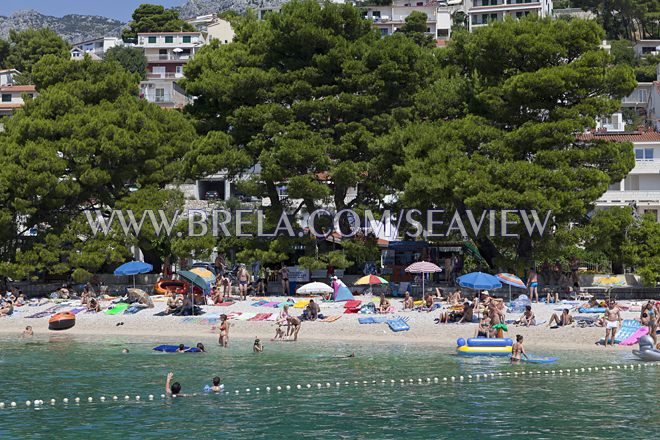 Beach in Brela Soline in deep pinetree shadow